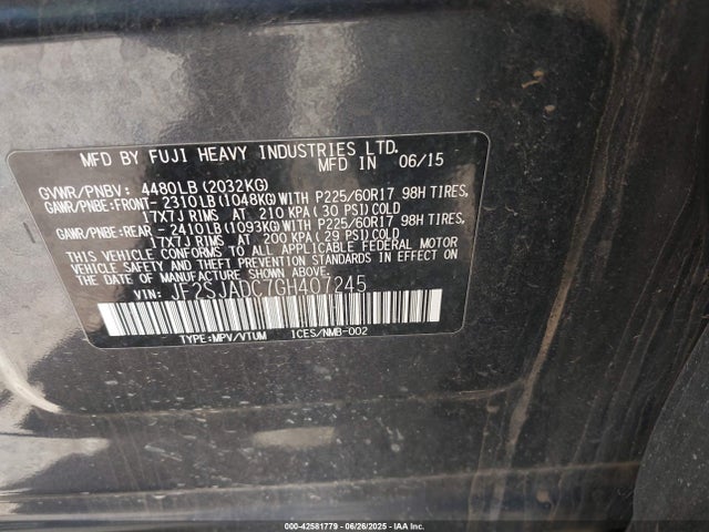Subaru naturally aspirated u5 2016 JF2SJADC7GH407245 Image 9