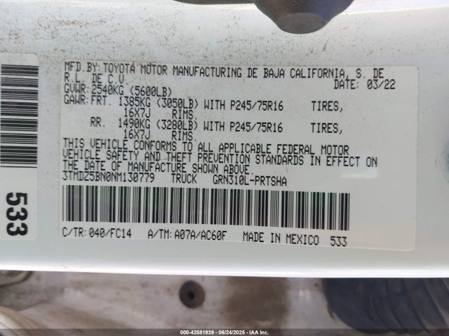 3TMDZ5BN0NM130779 Toyota 2gr-fks