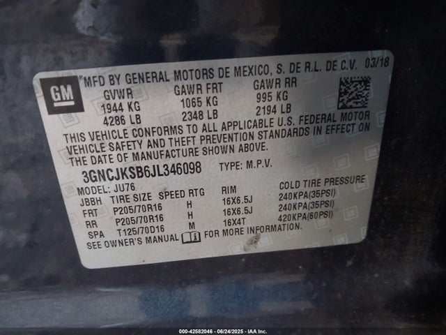 3GNCJKSB6JL346098 Chevrolet luv - mfi, variable valve timing, e85 max, alum
