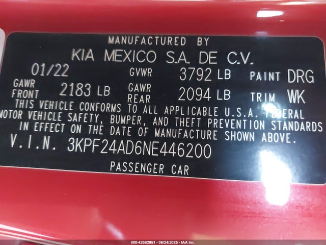 3KPF24AD6NE446200 KIA mpi nu