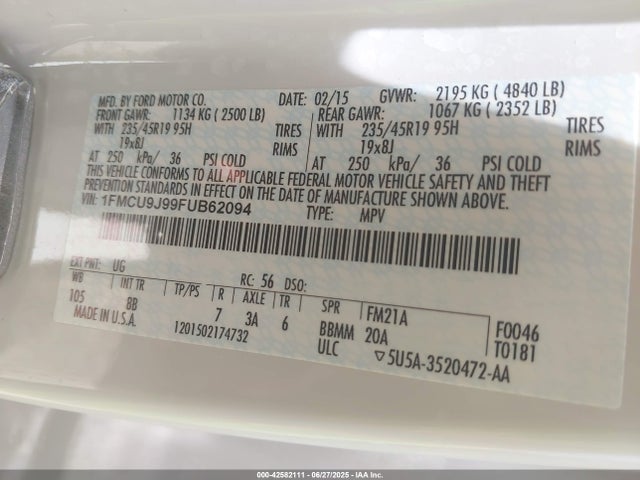 Ford 2015 2015 1FMCU9J99FUB62094 Image 9