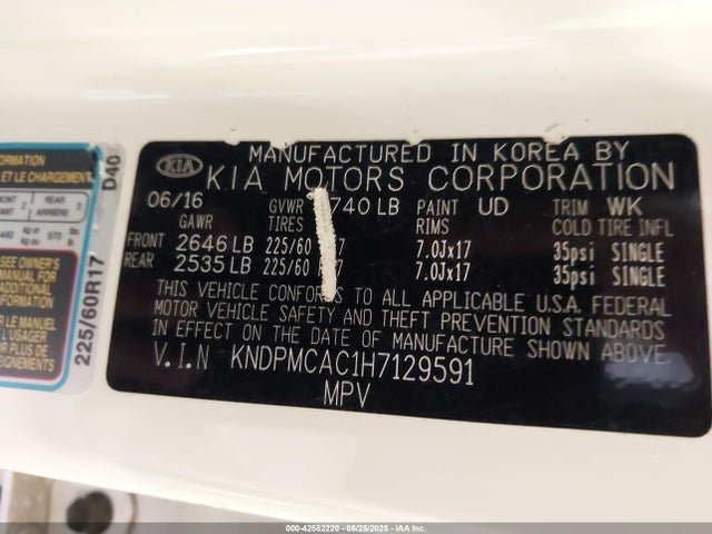 2017 Kia Sportage Lx მანქანა იყიდება აუქციონზე, vin: KNDPMCAC1H7129591, აუქციონის ნომერი: 42582220