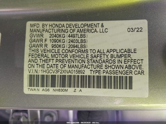 1HGCV3F2XNA015892 Honda lfb2