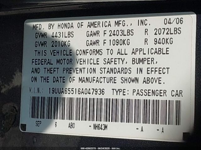 2006 ACURA TL 19UUA65516A047936 Photo 8