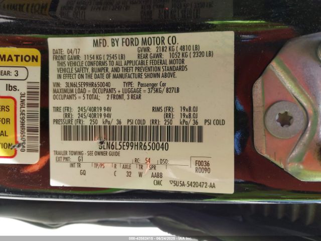 3LN6L5E99HR650040 Lincoln 2.0l gtdi high w/premium fuel