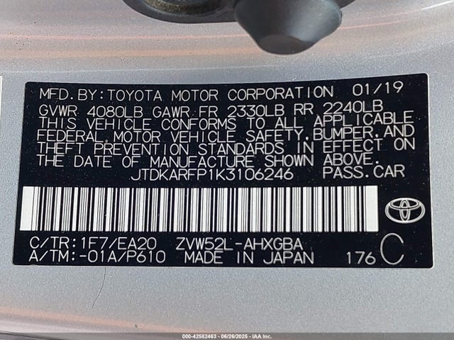 Toyota 2zr-fxe+1nm 2019 JTDKARFP1K3106246 Image 9