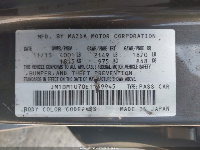 42582745 :رقم المزاد ، JM1BM1U70E1139945 vin ، 2014 Mazda Mazda3 I Sport مزاد بيع