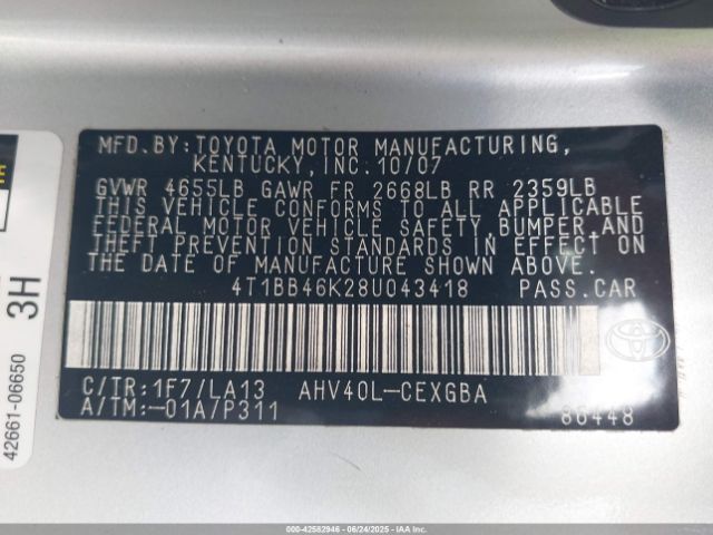 2008 TOYOTA CAMRY HYBRID 4T1BB46K28U043418 Photo 8