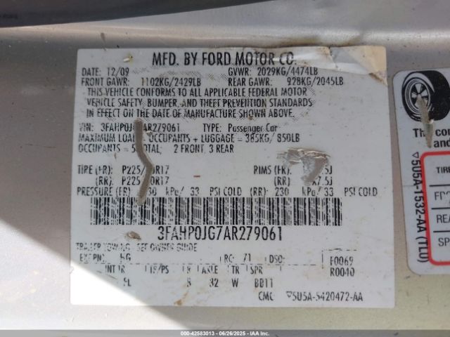 2010 FORD FUSION 3FAHP0JG7AR279061 Photo 8