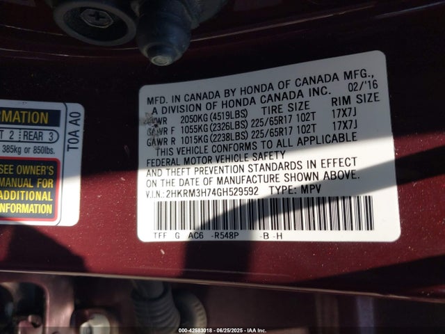 Honda k24w9 2016 2HKRM3H74GH529592 Image 9
