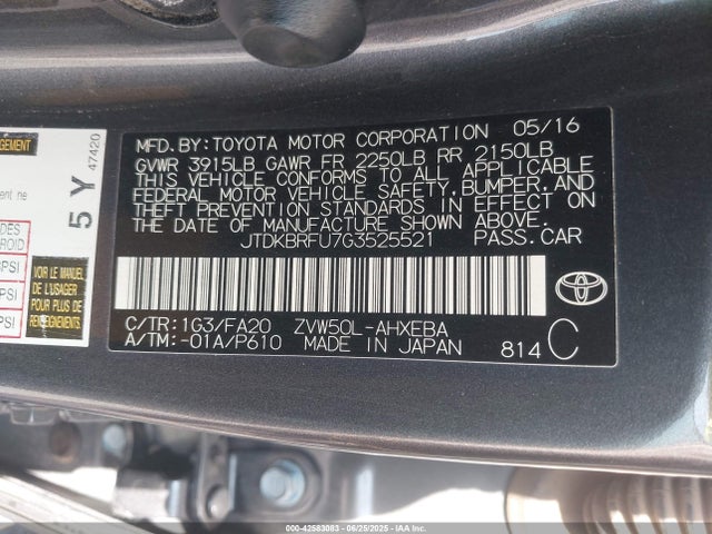 JTDKBRFU7G3525521 Toyota 2zr-fxe,1nm
