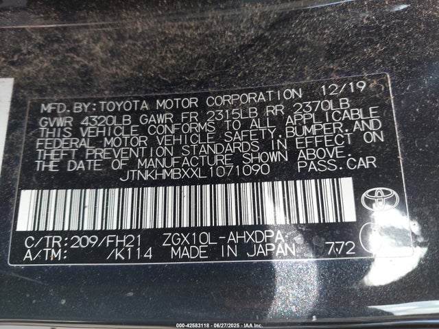 JTNKHMBXXL1071090 Toyota 3zr-fae