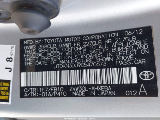 2012 TOYOTA PRIUS JTDKN3DU9C5470673 Photo 8
