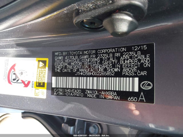 Lexus 2zr-fxe+3jm 2016 JTHKD5BH0G2265852 Image 9