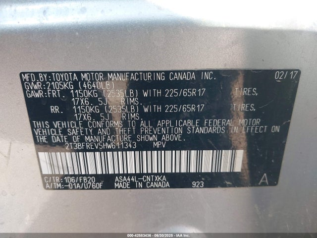 Toyota 2ar-fe 2017 2T3BFREV5HW611343 Image 9
