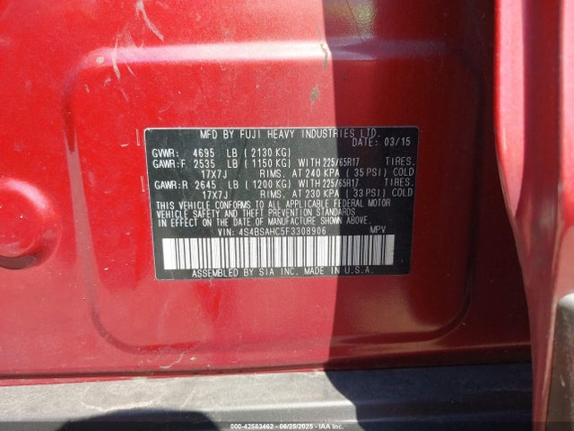 Subaru 2.5l u5 2015 4S4BSAHC5F3308906 Image 9