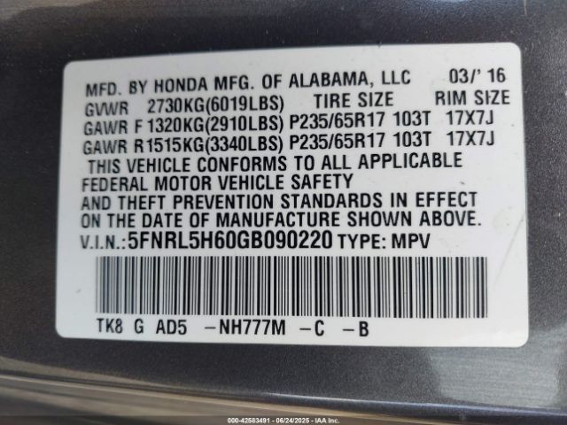 2016 HONDA ODYSSEY 5FNRL5H60GB090220 Photo 8