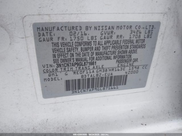 3N1CN7AP9GL871661 Nissan Versa