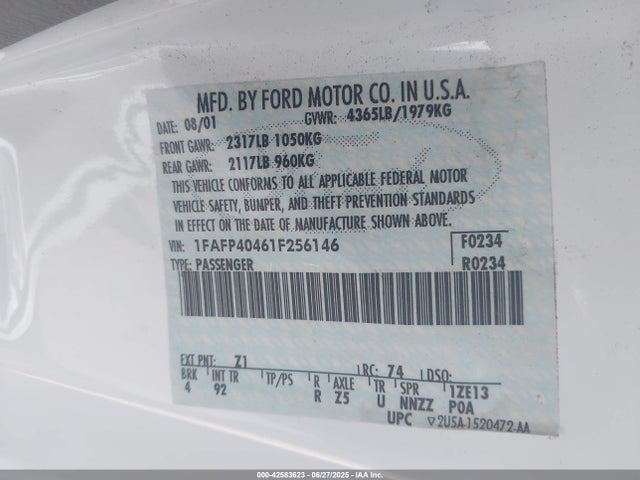42583623 :رقم المزاد ، 1FAFP40461F256146 vin ، 2001 Ford Mustang مزاد بيع