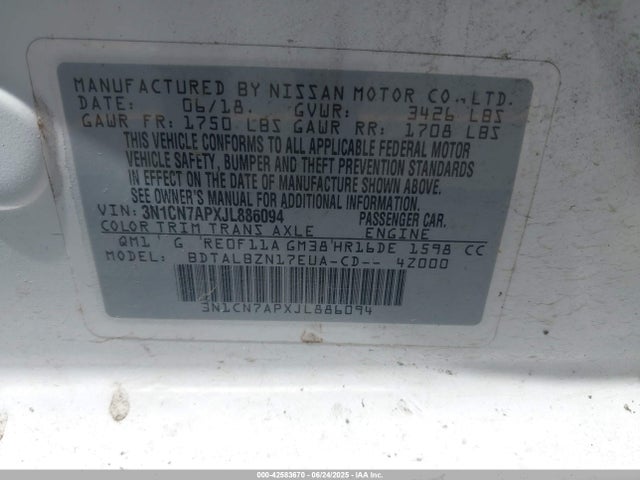 3N1CN7APXJL886094 Nissan Versa
