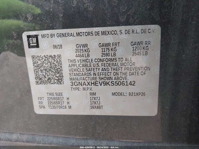 2019 Chevrolet Equinox Ls მანქანა იყიდება აუქციონზე, vin: 3GNAXHEV9KS506142, აუქციონის ნომერი: 42583913