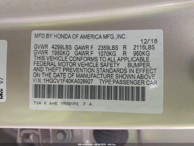 1HGCV1F40KA028927 Honda l15be