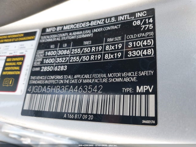 4JGDA5HB3FA463542 Mercedes-Benz Ml-Class