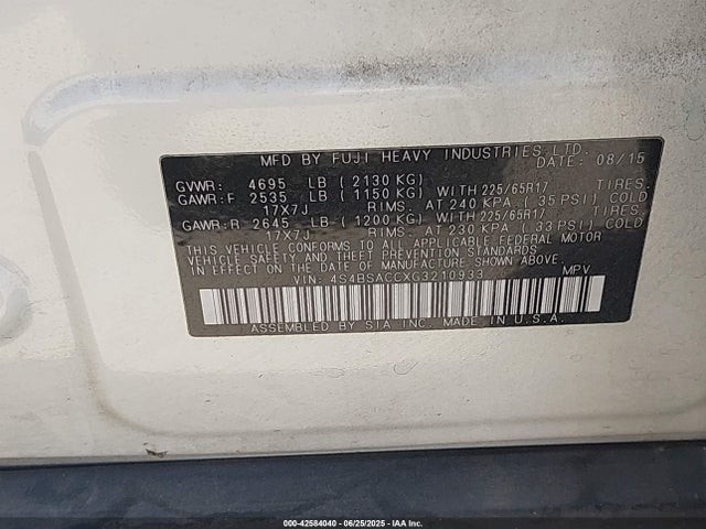 4S4BSACCXG3210933 Subaru 2.5l u5