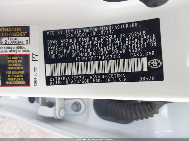 4T1BF1FK1HU393352 Toyota 2ar-fe