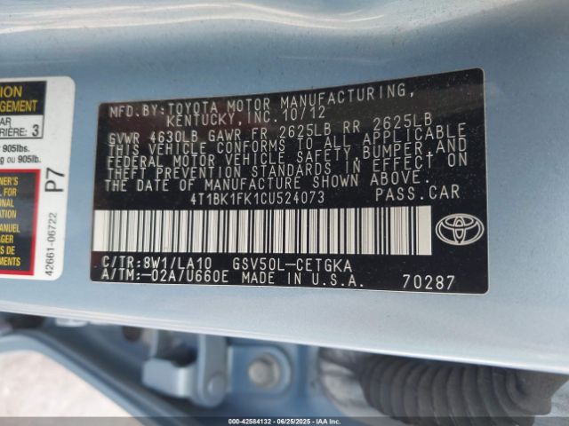 2012 TOYOTA CAMRY 4T1BK1FK1CU524073 Photo 8
