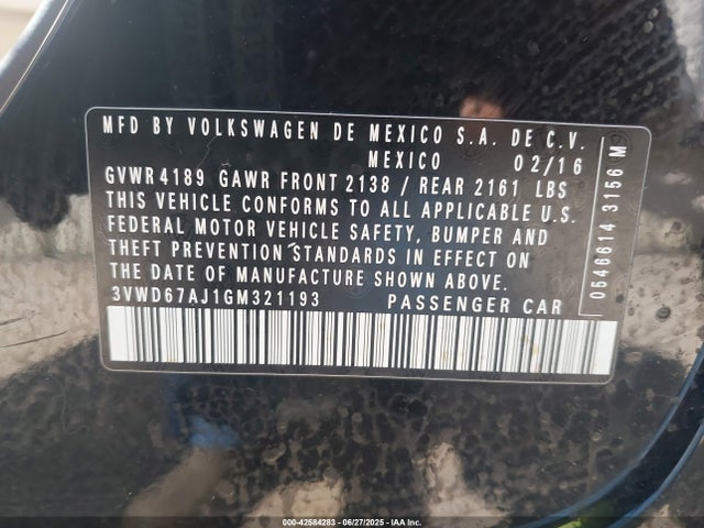 3VWD67AJ1GM321193 Volkswagen 2016