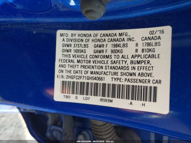 Honda k20c2 2016 2HGFC2F71GH540661 Image 9
