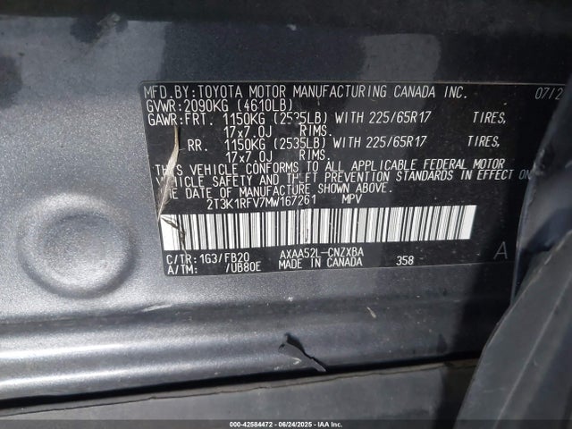2T3K1RFV7MW167261 Toyota a25a-fks