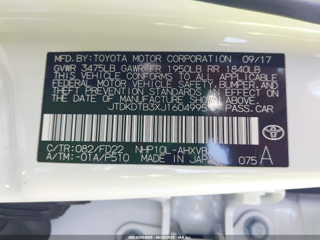 JTDKDTB3XJ1604995 Toyota 1nz-fxe+1lm
