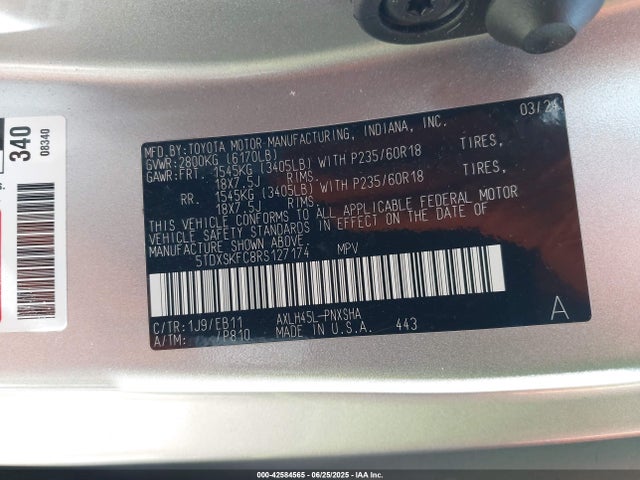 5TDXSKFC8RS127174 Toyota a25a-fxs