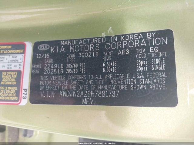 Aukcja sprzedaży 2017 Kia Soul, vin: KNDJN2A29H7881737, numer aukcji: 42584777