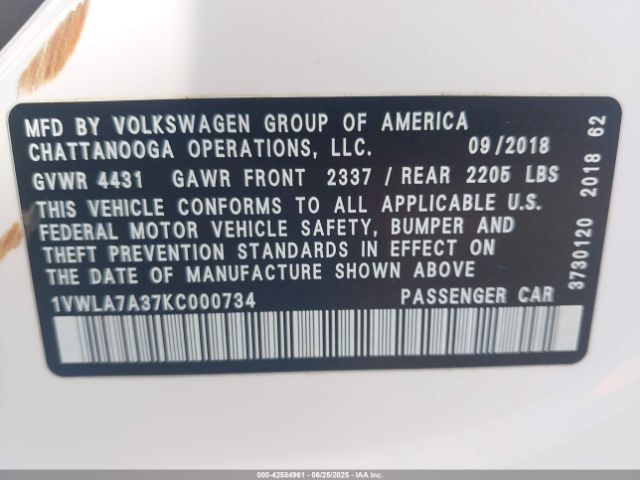 2019 VOLKSWAGEN PASSAT 1VWLA7A37KC000734 Photo 8