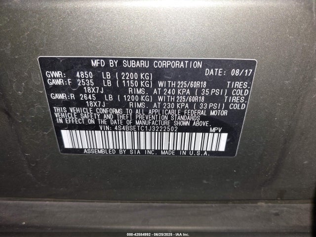 Subaru u4 2018 4S4BSETC1J3222502 Image 9
