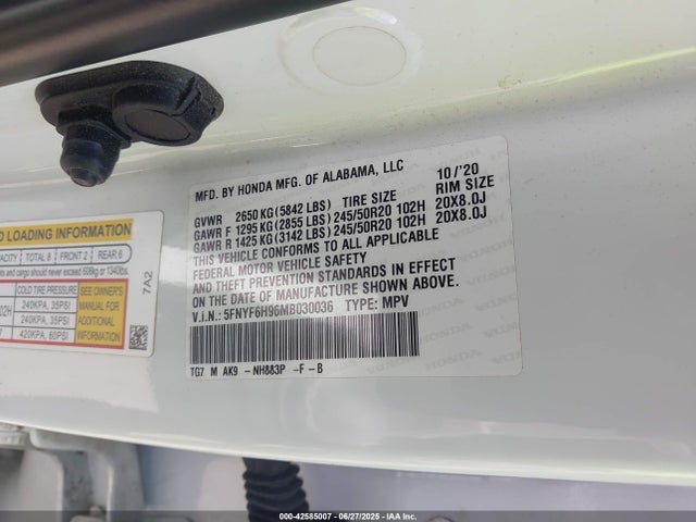 Honda j35y6 2021 5FNYF6H96MB030036 Image 9