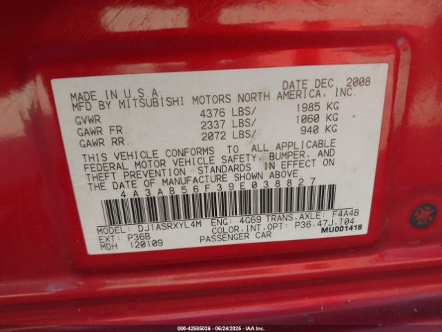 2009 MITSUBISHI GALANT 4A3AB56F39E038827 Photo 8