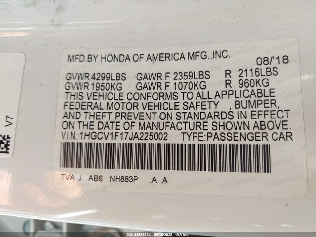 1HGCV1F17JA225002 Honda l15be