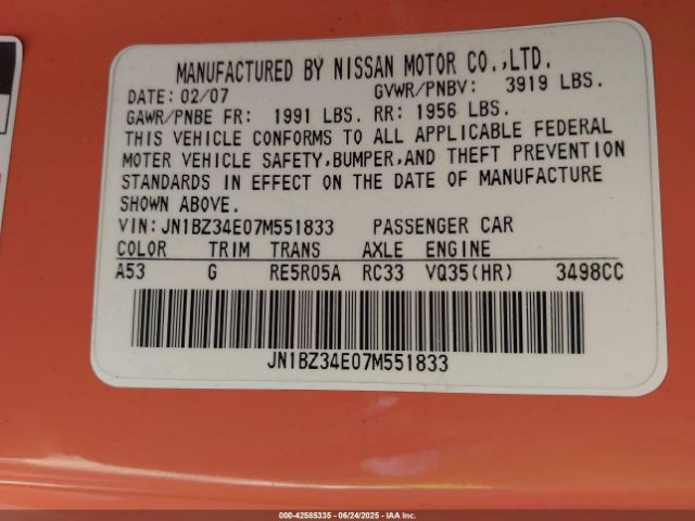 2007 NISSAN 350Z JN1BZ34E07M551833 Photo 8