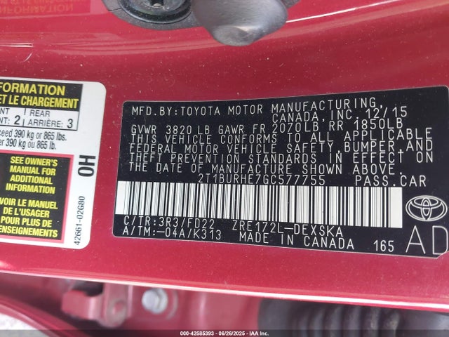 Toyota 2zr-fe 2016 2T1BURHE7GC577755 Image 9
