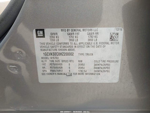 1GCVKSEC8HZ200002 Chevrolet l83 - sidi: spark ignited direct injection, vvt: variable valve timing, afm, e85 max, alum