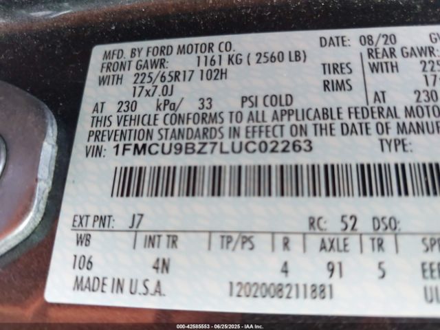 2020 FORD ESCAPE 1FMCU9BZ7LUC02263 Photo 8