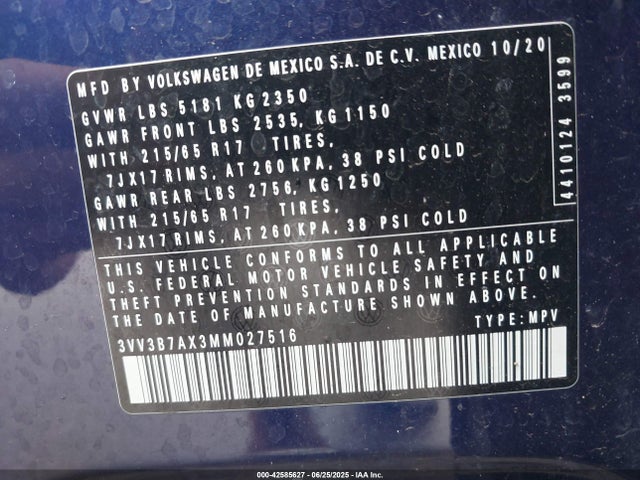 3VV3B7AX3MM027516 Volkswagen 2021