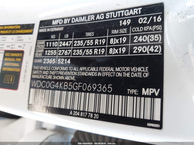 WDC0G4KB5GF069365 Mercedes-Benz m274