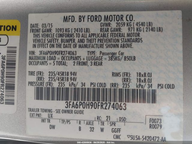 2015 FORD FUSION 3FA6P0H90FR274063 Photo 8