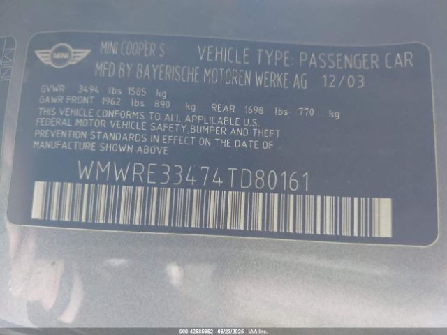 2004 MINI COOPER S WMWRE33474TD80161 Photo 8