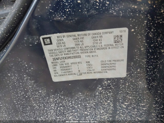 Продажа на аукционе авто 2017 Chevrolet Equinox Lt, vin: 2GNFLFEK5H6206603, номер лота: 42585959